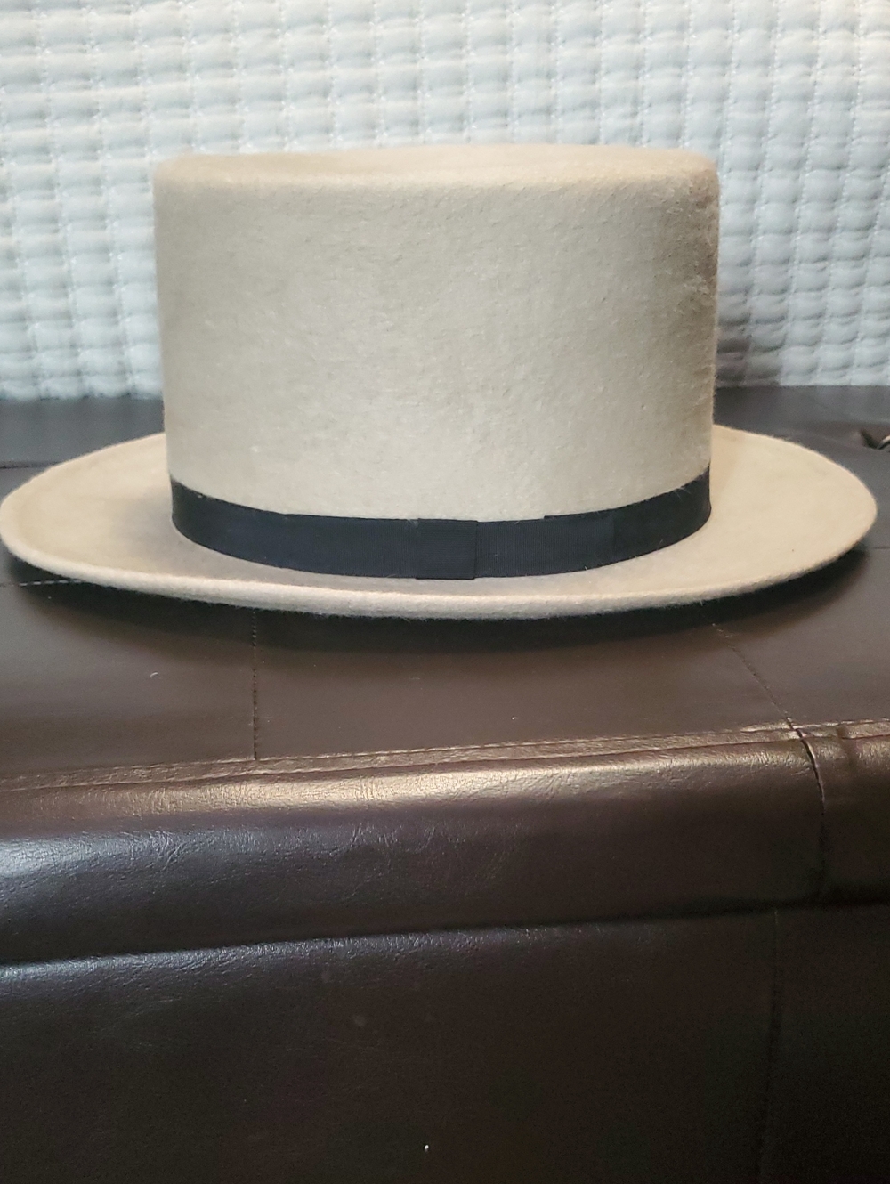 Womens Beige Felt Wide-Brim Hat with Black Band